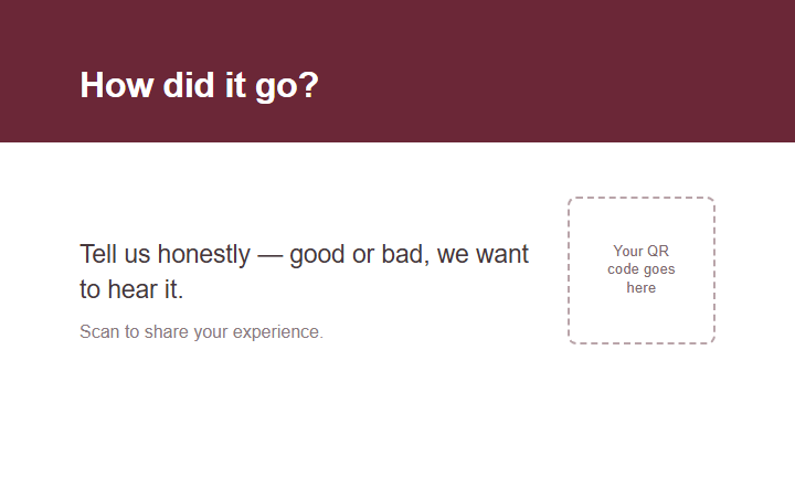 Insert card template: Thank you + an honest question (dark red banner layout)