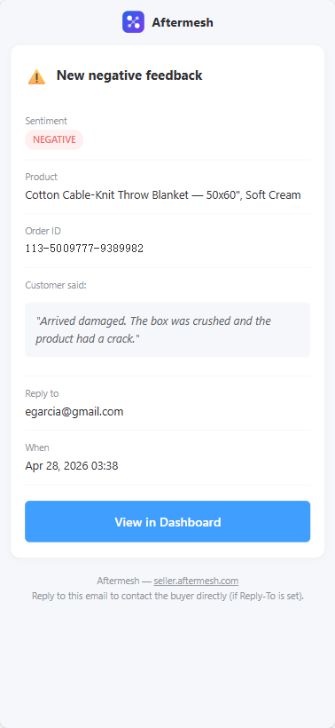 Aftermesh real-time negative feedback alert email