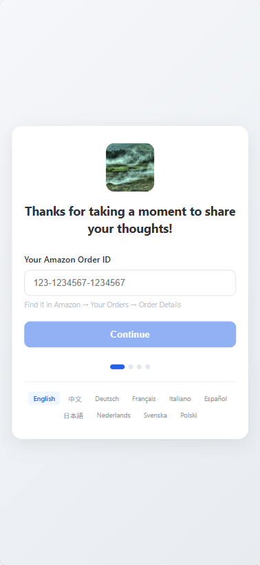 Aftermesh multilingual customer feedback page on mobile