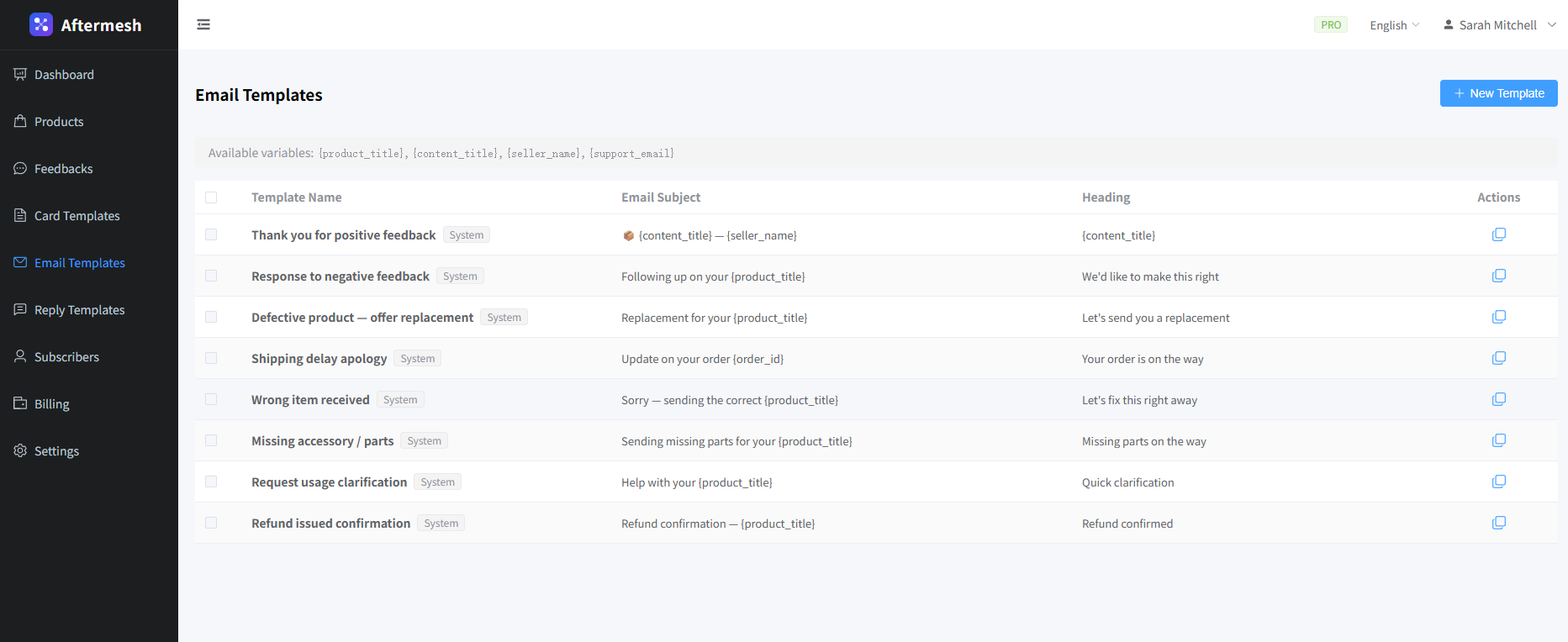 Aftermesh reply templates in dashboard