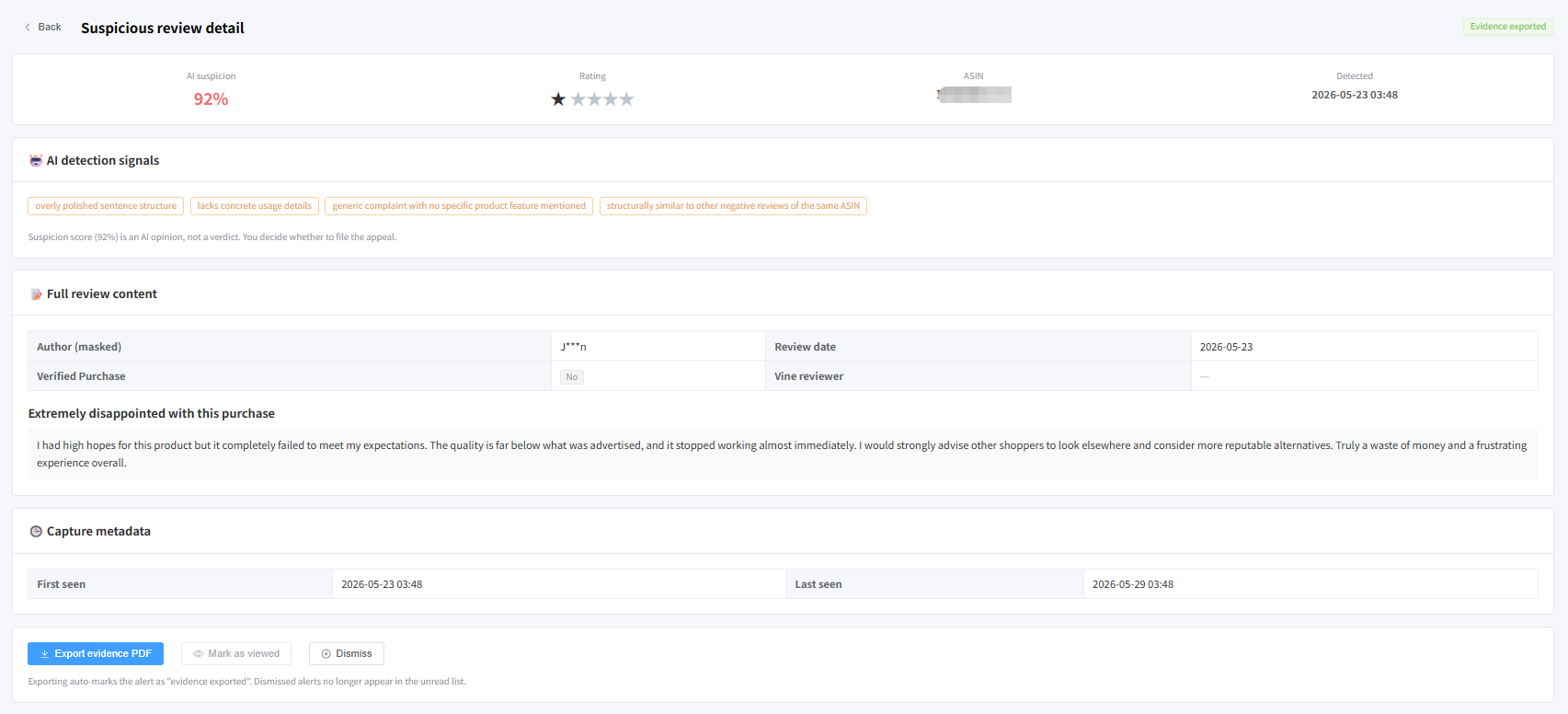 Aftermesh Review Guardian flagging an AI-generated fake review with a 92% confidence score and detection signals