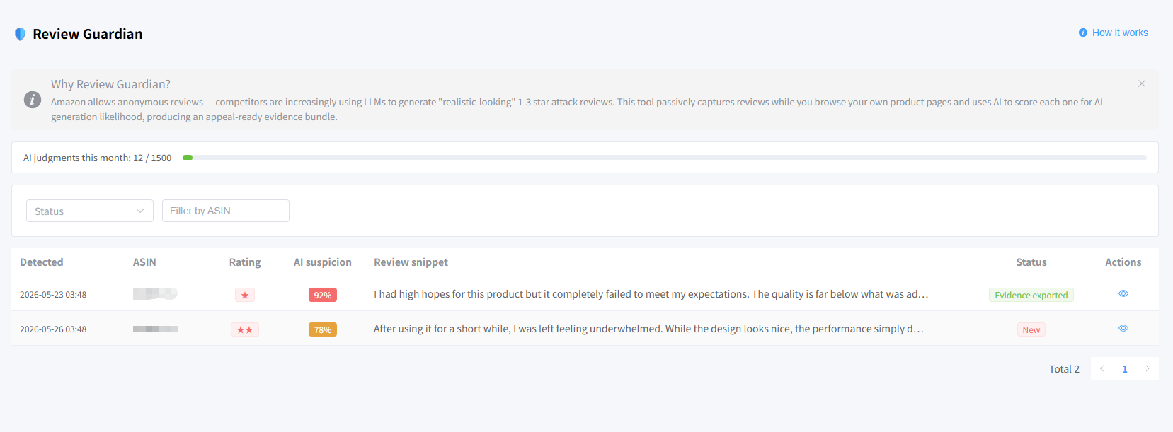Aftermesh Review Guardian dashboard listing suspicious low-star reviews with AI suspicion scores